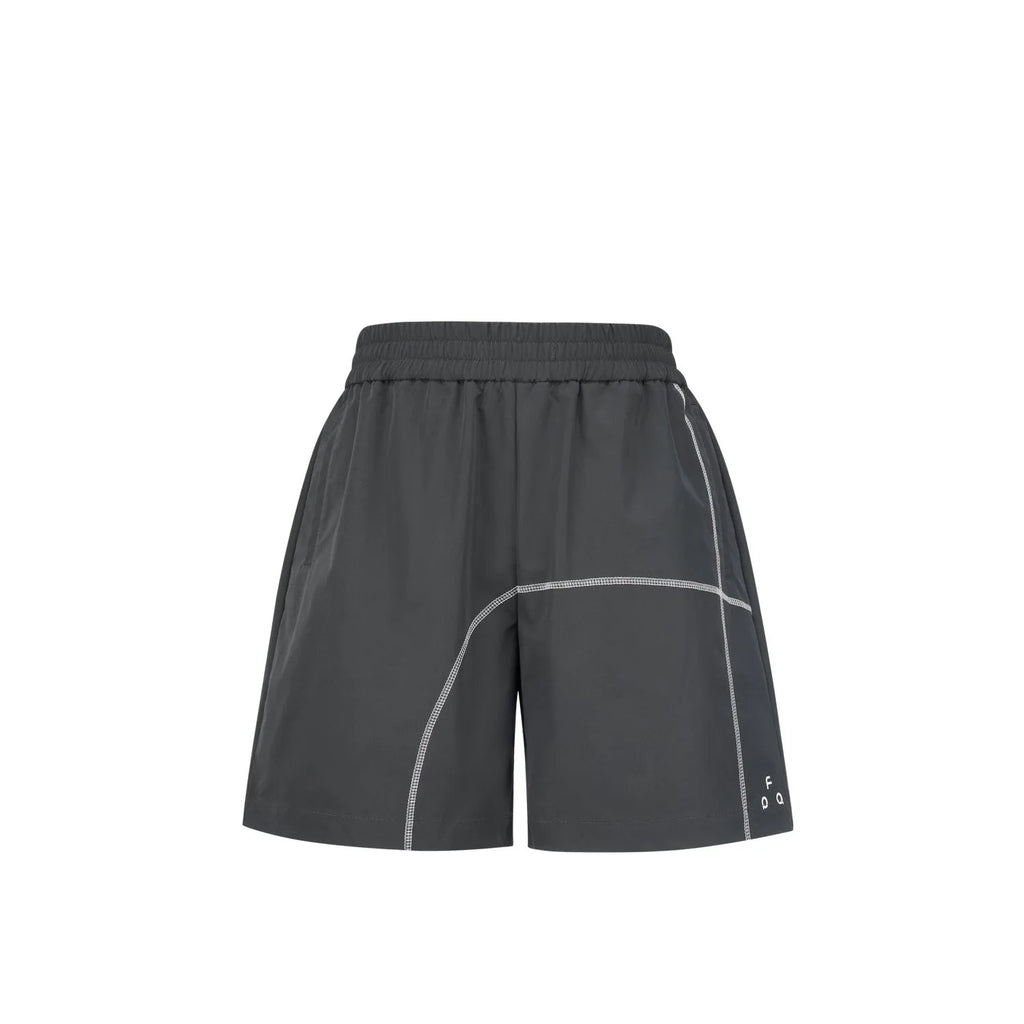 Men's dark grey elastic polyester drawstring shorts with loose fit on a white background.