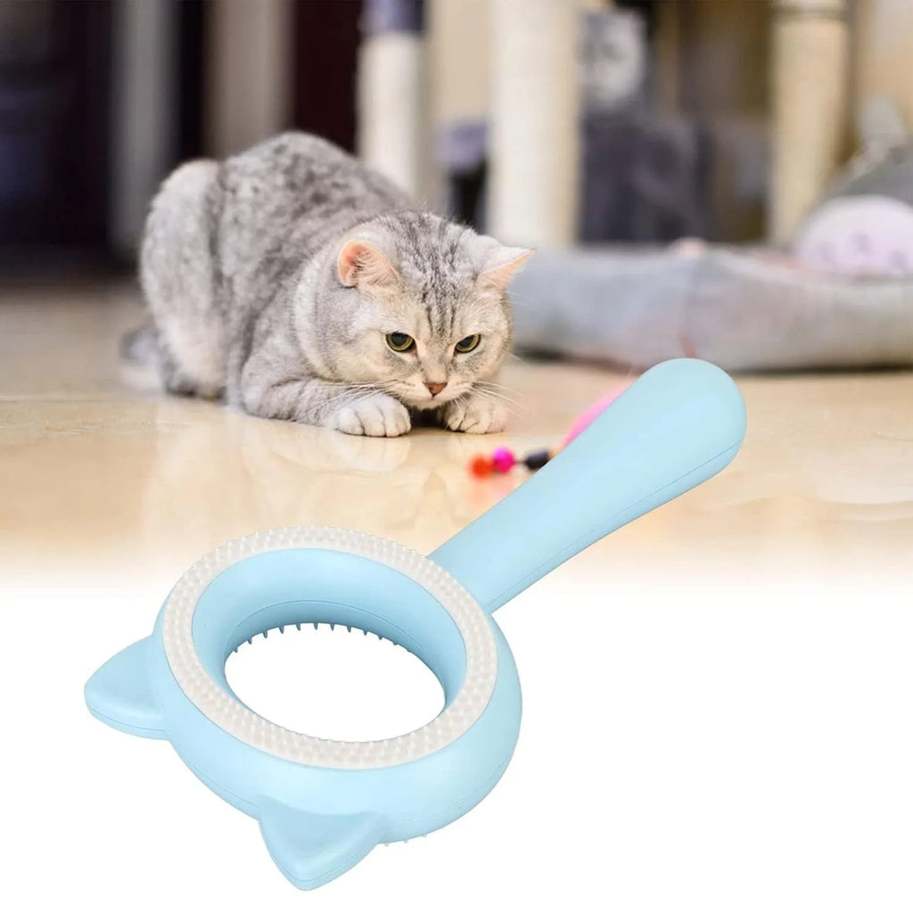 Blue and white double-sided pet grooming brush with deshedding comb and massage side