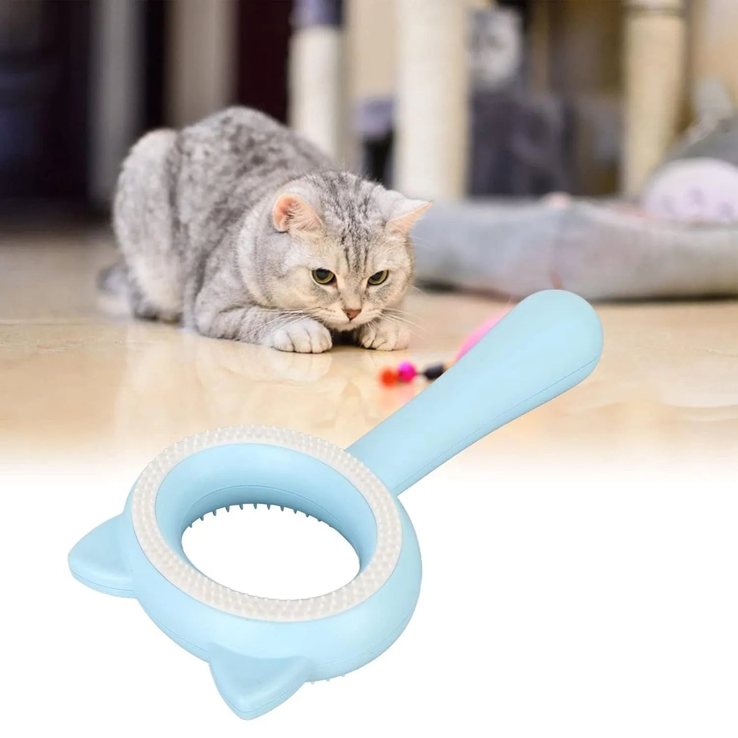 Blue and white double-sided pet grooming brush with deshedding comb and massage side