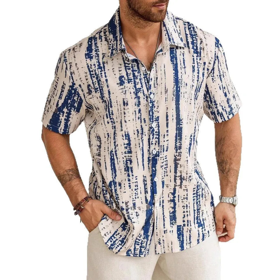 Man wearing a short sleeve striped shirt in a summer setting, showing apricot colour and digital print detail.