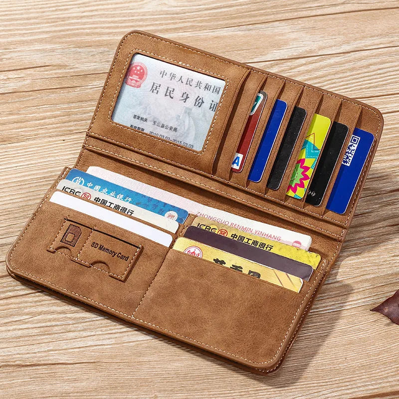Long men's bi-fold PU leather wallet in brown with car suture stitching, open showing card slots and bill holder