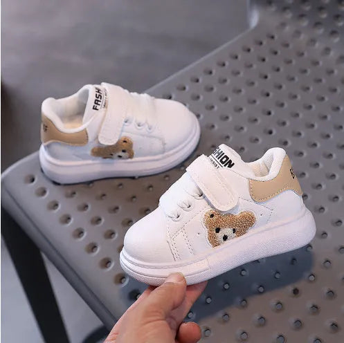 Baby Bear cartoon pattern kids sports shoes in black, green and khaki colours