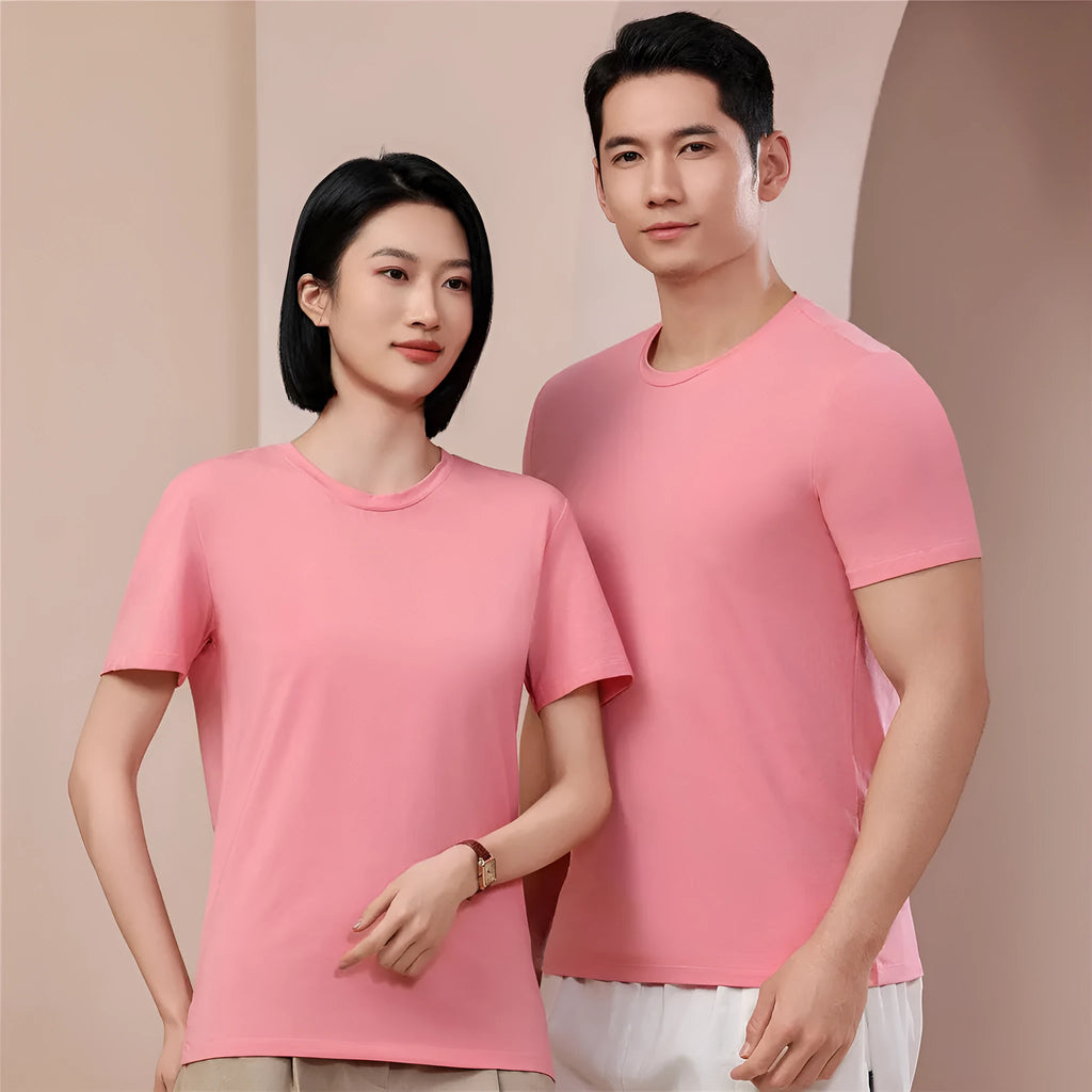 Mercerised plain weave modal short-sleeve round neck top in solid colour, pullover style