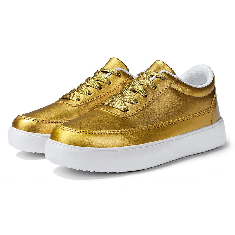 Women's leather flat casual shoes with front lace-up in white, silver, or gold colours