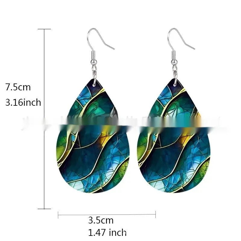 Acrylic drop earrings with geometric branch knot design and printed pattern details