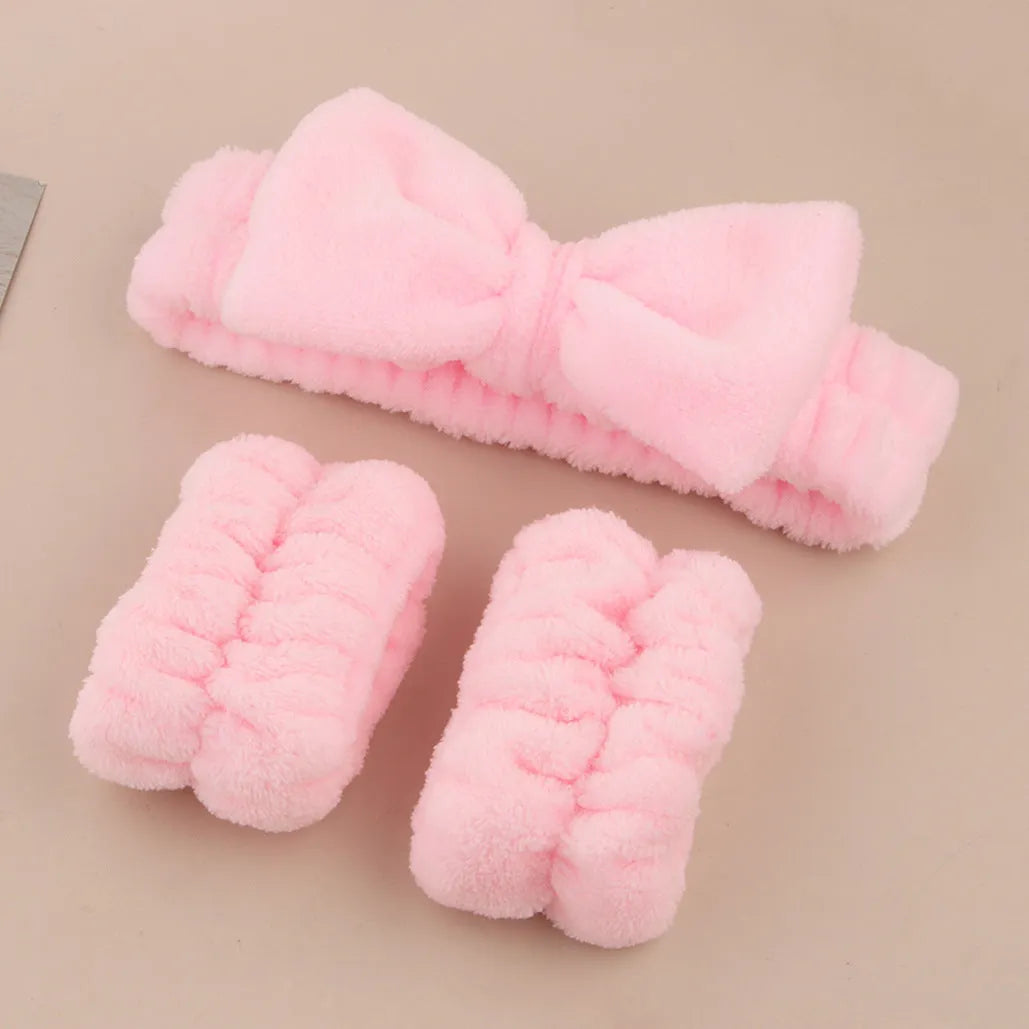 Facial brush set with coral fleece headband and nylon bristles in purple, grey, white or pink