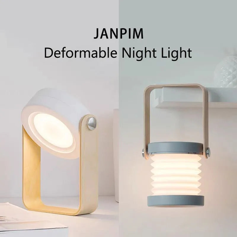 White foldable LED night light in both table lamp and tall lantern configurations, with USB cable.