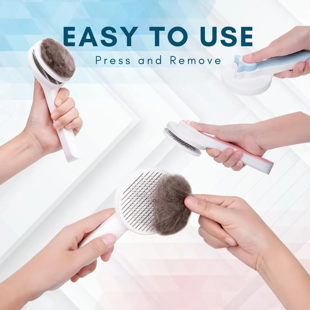 Blue self-cleaning slicker brush for dog and cat grooming with non-slip handle