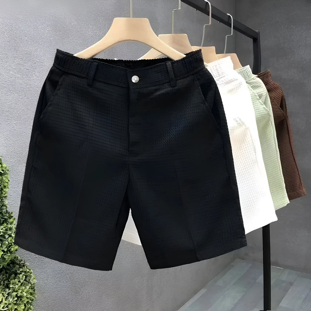 Men's thin cropped straight-leg trousers in black, high elasticity mid waist summer pants