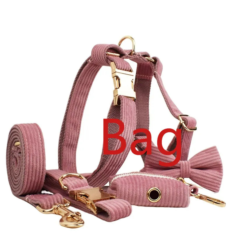 Corduroy dog collar and leash set with matching vest, bow, and poop bag holder in multiple sizes
