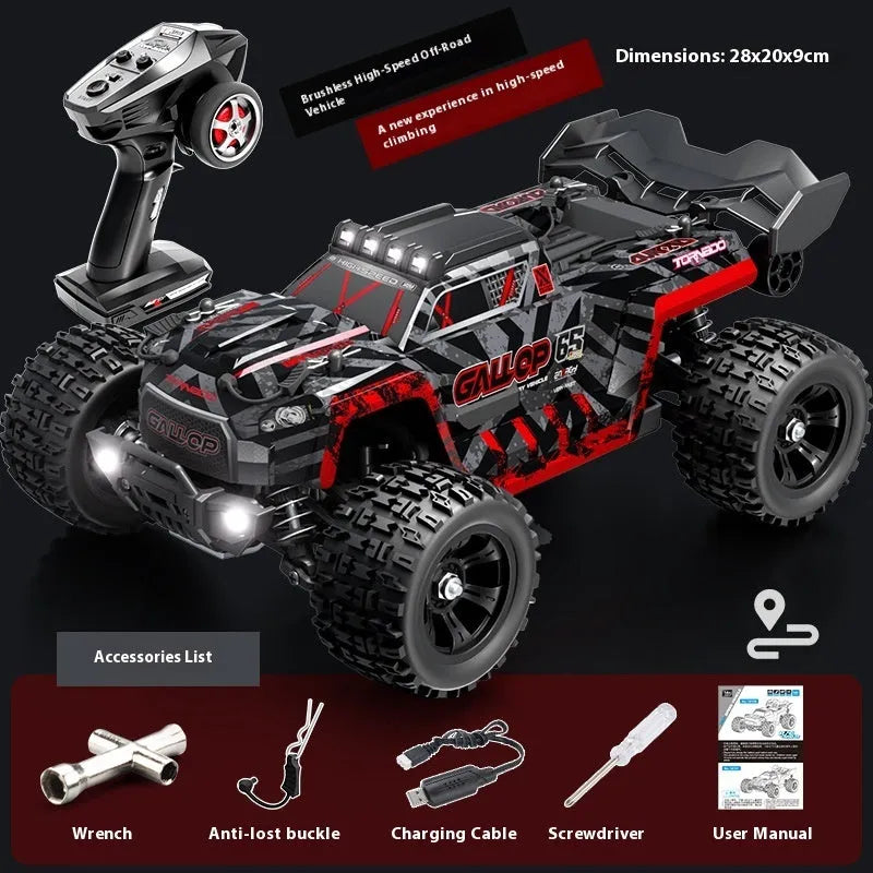 Brushless remote control car in green or red with four-wheel drive, metal drive shaft and metal differential.