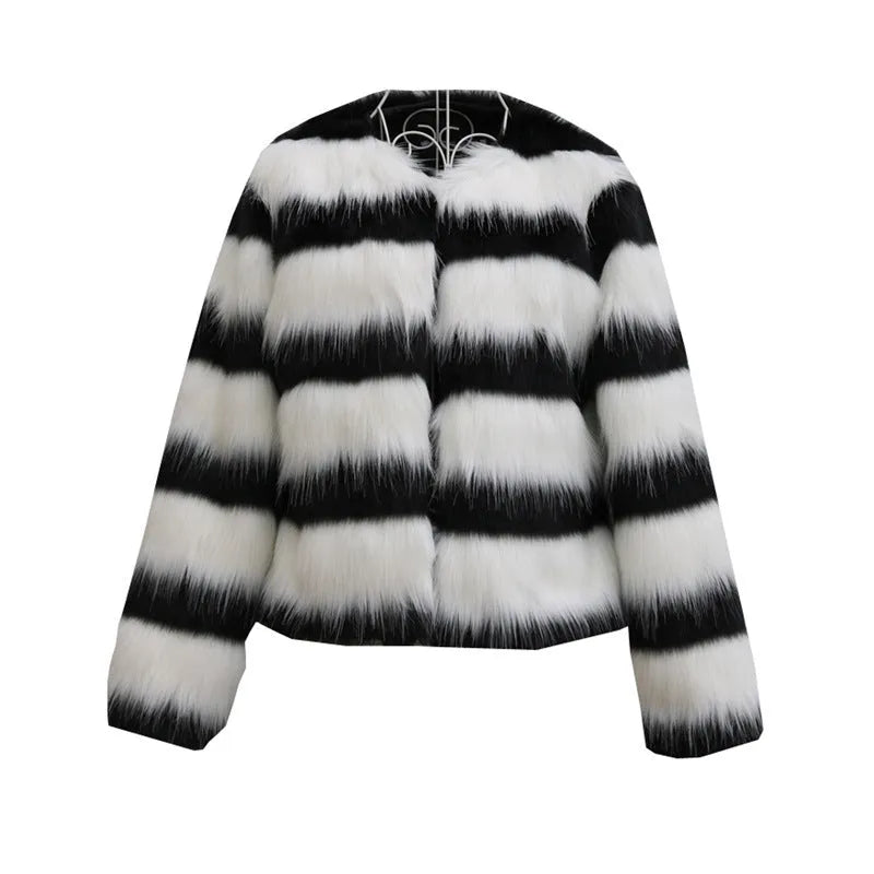 Women's black and white striped artificial fur leather jacket with regular sleeves