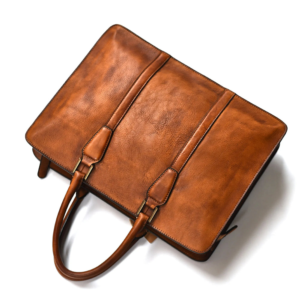 Men's brown leather business handbag with horizontal square design and zipper opening