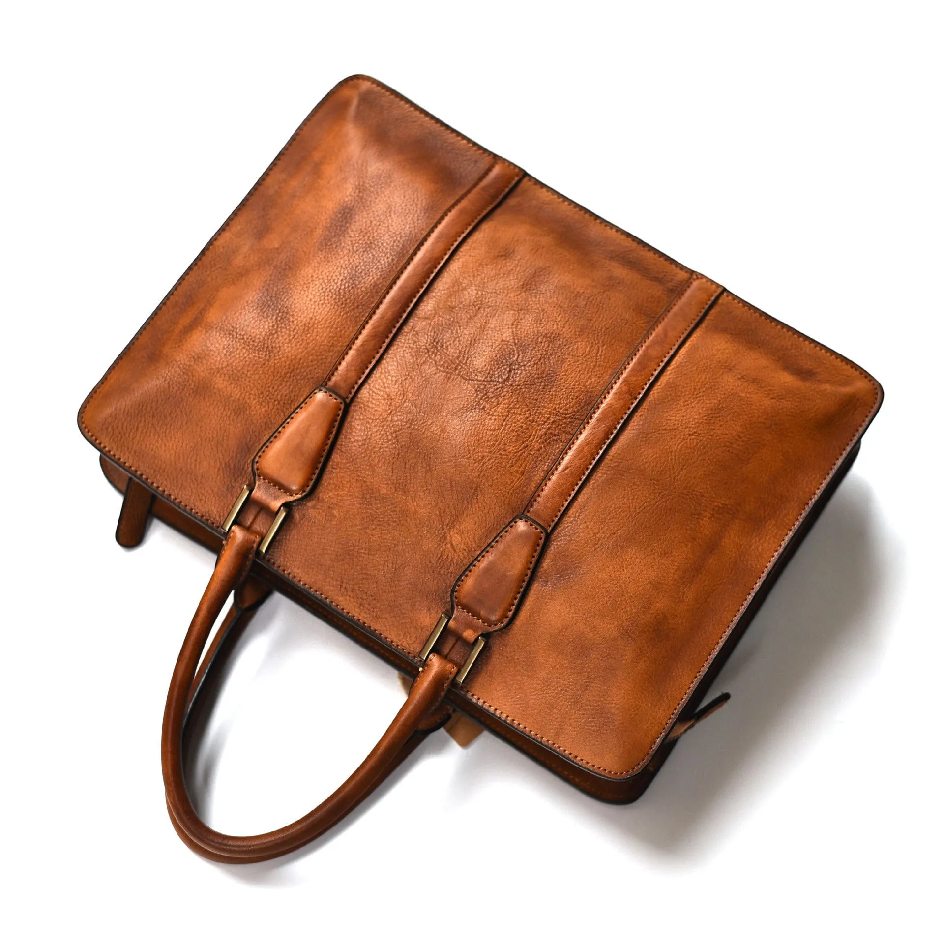 Men's brown leather business handbag with horizontal square design and zipper opening