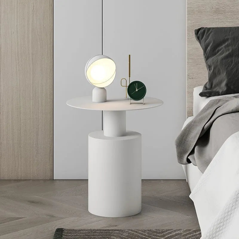 Nordic round metal bedside table in beige finish with simple modern design