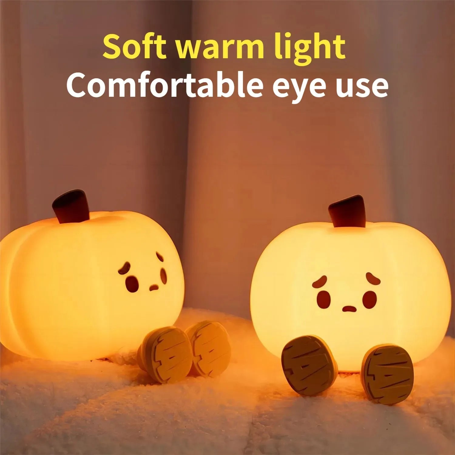 Soft silicone pumpkin night light with touch dimming controls and USB charging port