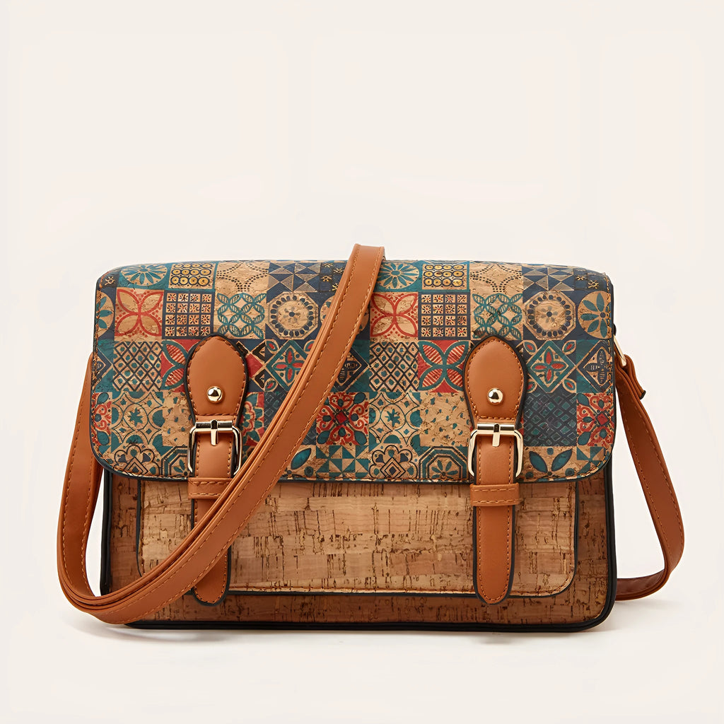 Women's printed PU crossbody bag with one shoulder strap in grass flower, green, pansy, and square print colour options.