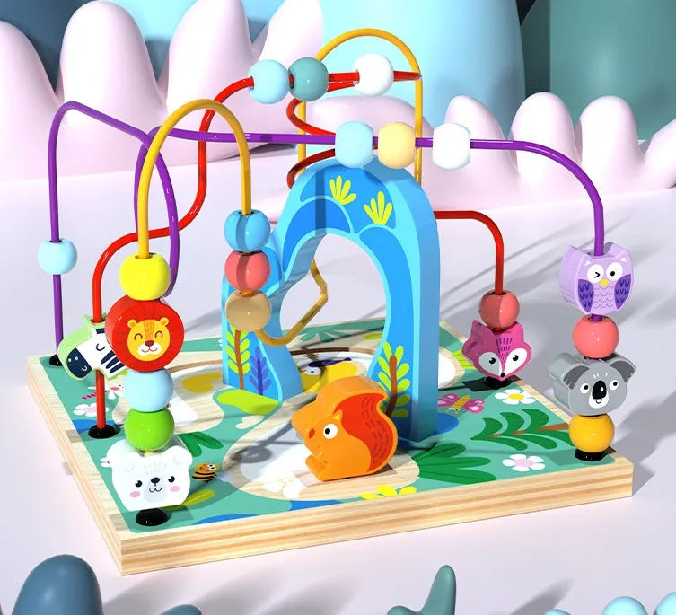 Blue wooden bead treasure box toy with multifunctional scenes for baby development