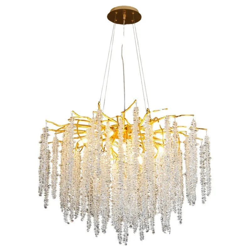 Aluminium alloy crystal chandelier light with adjustable height in round or long styles.