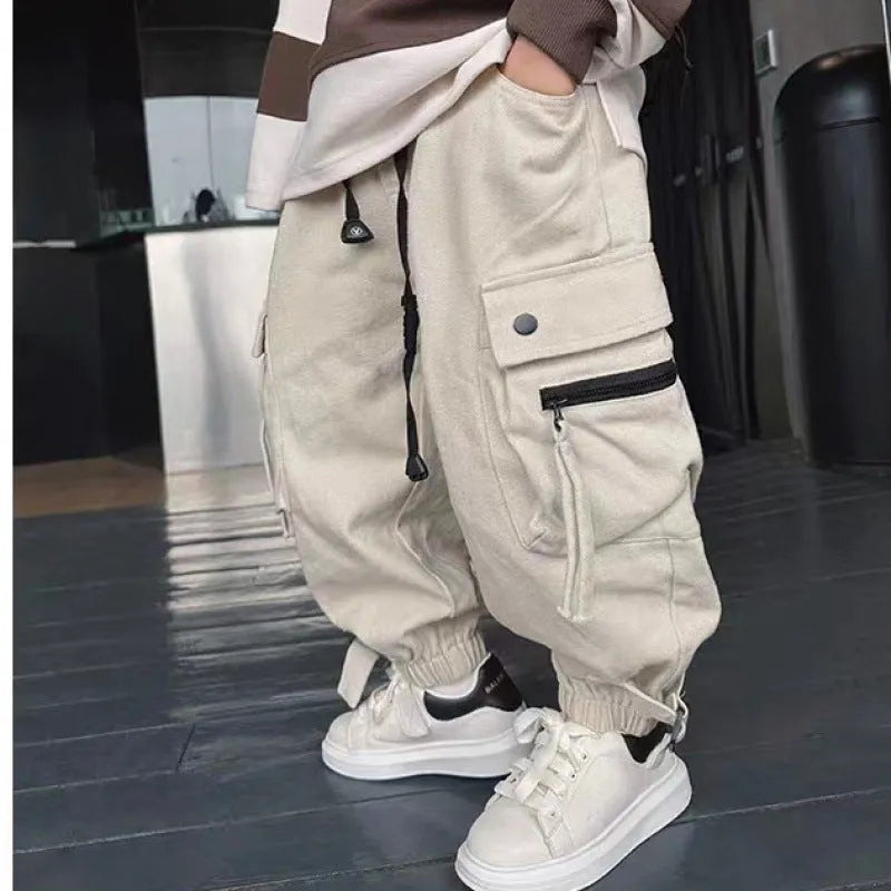 Children's cotton workwear trousers in beige and black, mid waist, for heights 120-170cm