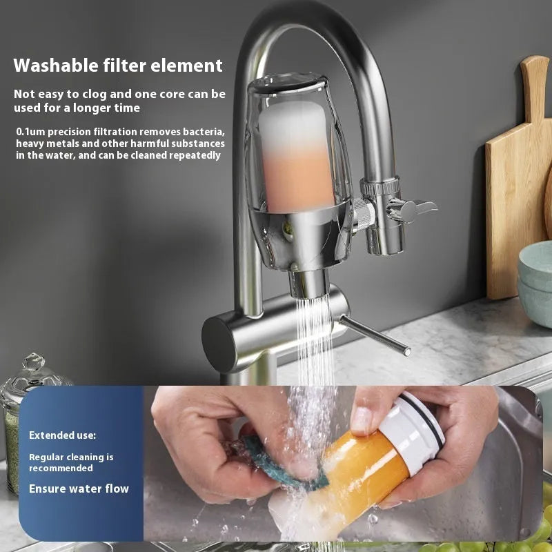 A ceramic faucet water filter unit designed for direct connection to a kitchen tap.