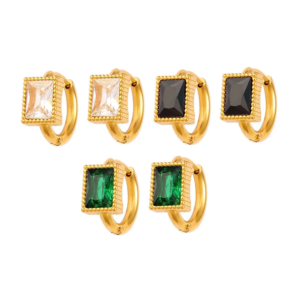 Square geometry design stainless steel earrings with a round zircon stone in black, green or white.