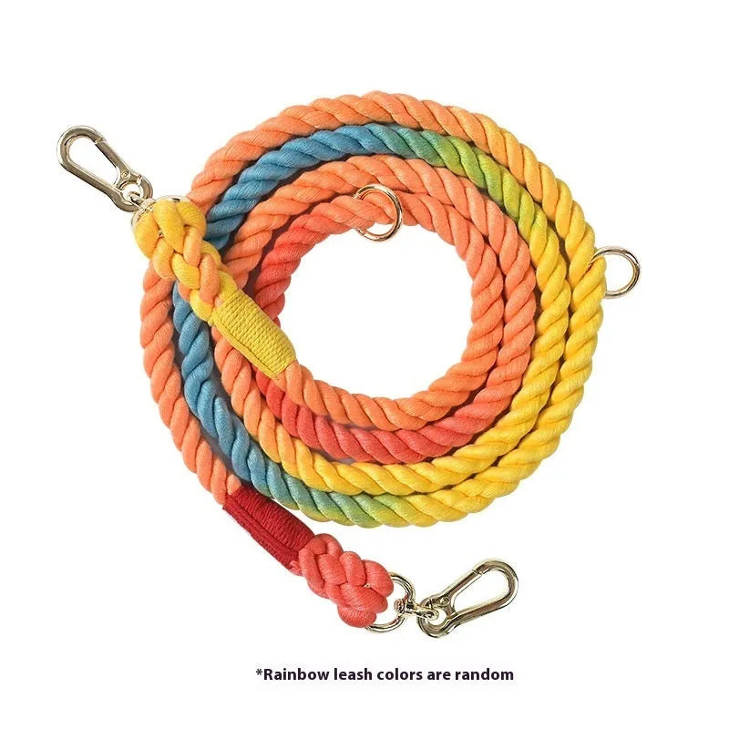 Woven rainbow double-ended dog lead with hand-held rope section in multiple colour options