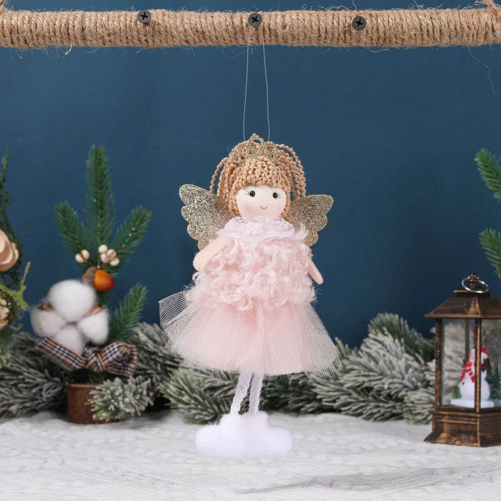 Girl's fabric Christmas angel pendant crown hair clip on a high ponytail, in white, pink, or khaki.