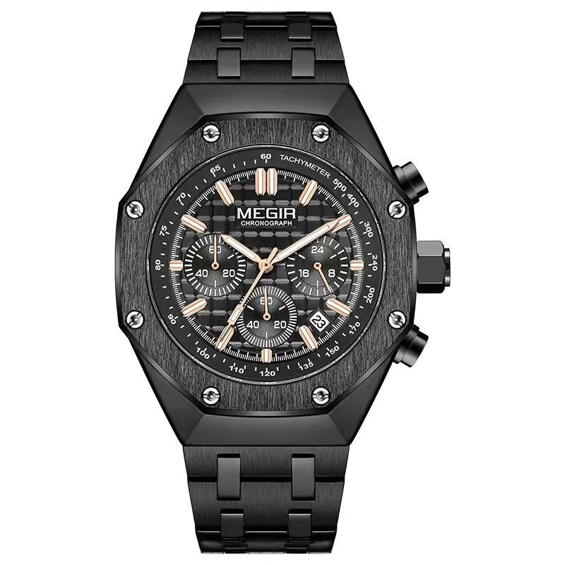 Men's multifunctional waterproof quartz watch showing three colour variations on wrist
