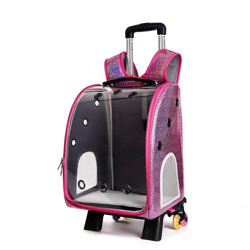 Blue transparent folding pet trolley bag with shoulder straps and a clear acrylic pet compartment.