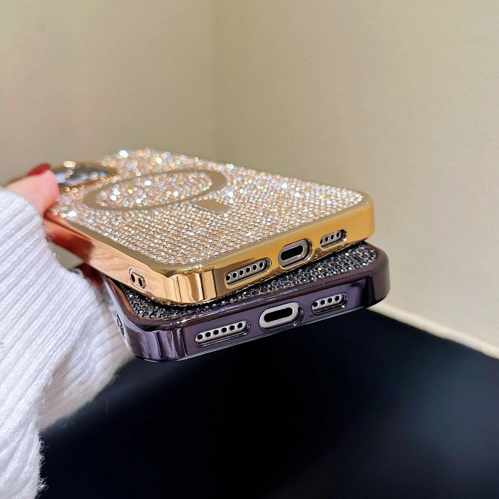 Rhinestone electroplated TPU phone case for iPhone 15 Pro Max in diamond magnetic suction black