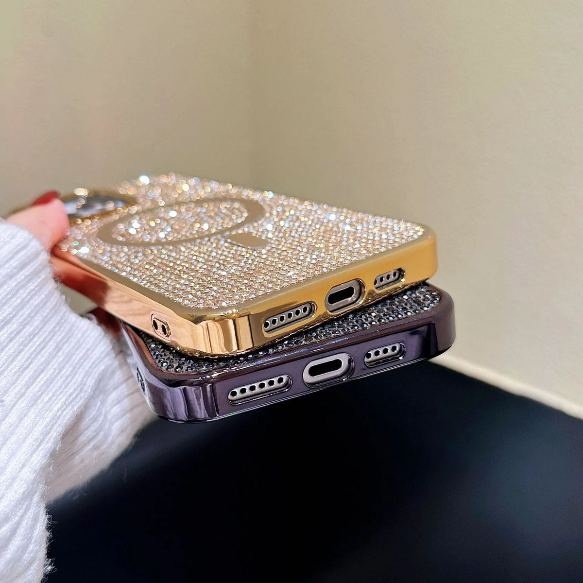 Rhinestone electroplated TPU phone case for iPhone 15 Pro Max in diamond magnetic suction black