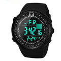 Men's black waterproof electronic outdoor watch with large dial on a PU strap.