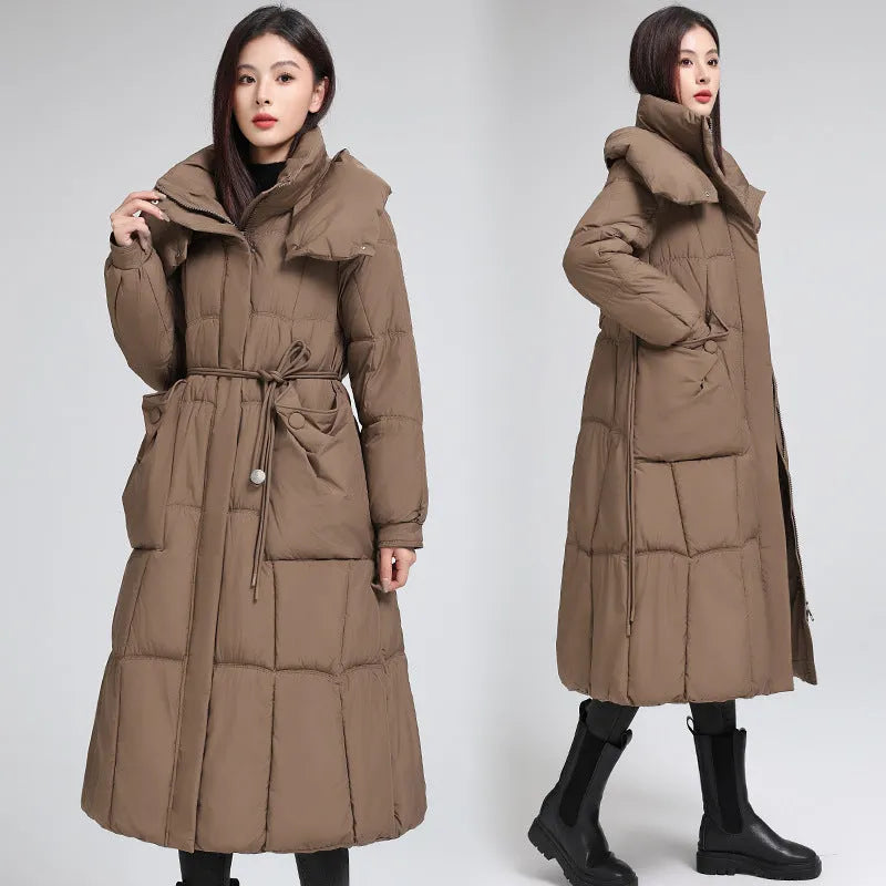 Women's knee-length padded jacket waist-cinching thicken coat in black with pockets