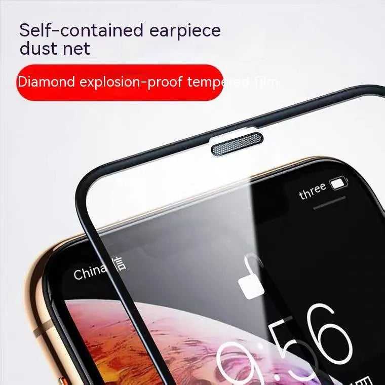 iPhone tempered glass screen protector with privacy dustproof net film showing full coverage on iPhone