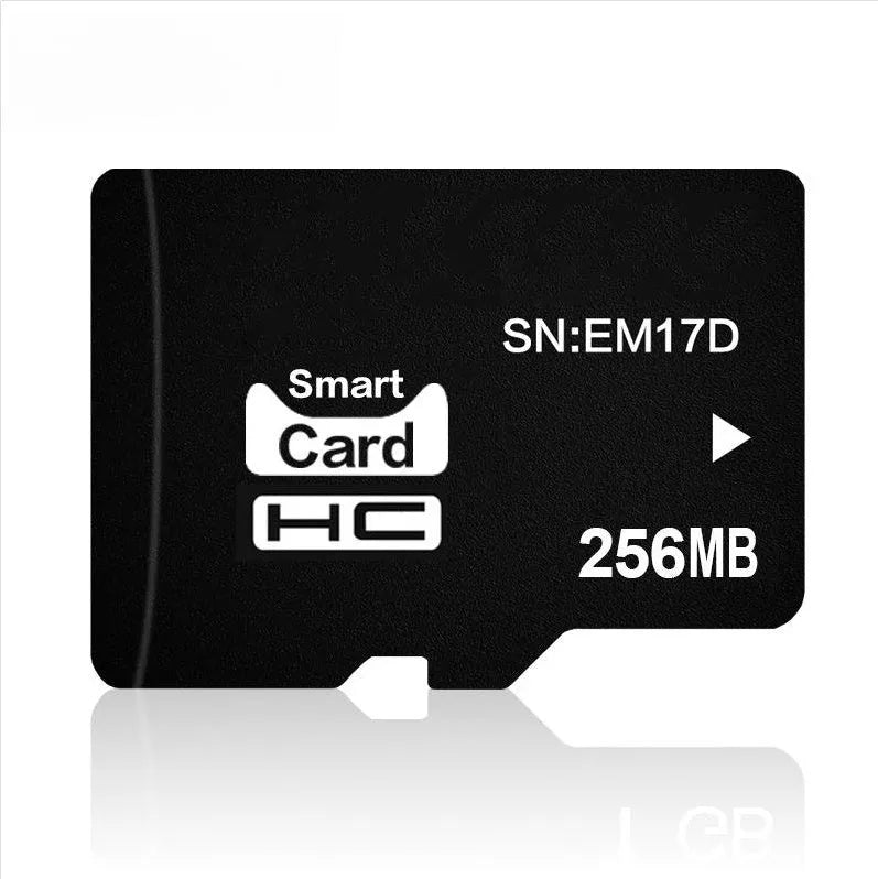 256MB capacity TF series memory card shown with scale indicating 11mm by 15mm dimensions.