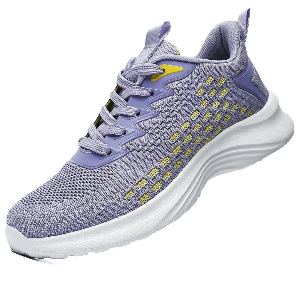 Women's lavender purple Flyknit running shoes with mesh upper and EVA sole on a white background.