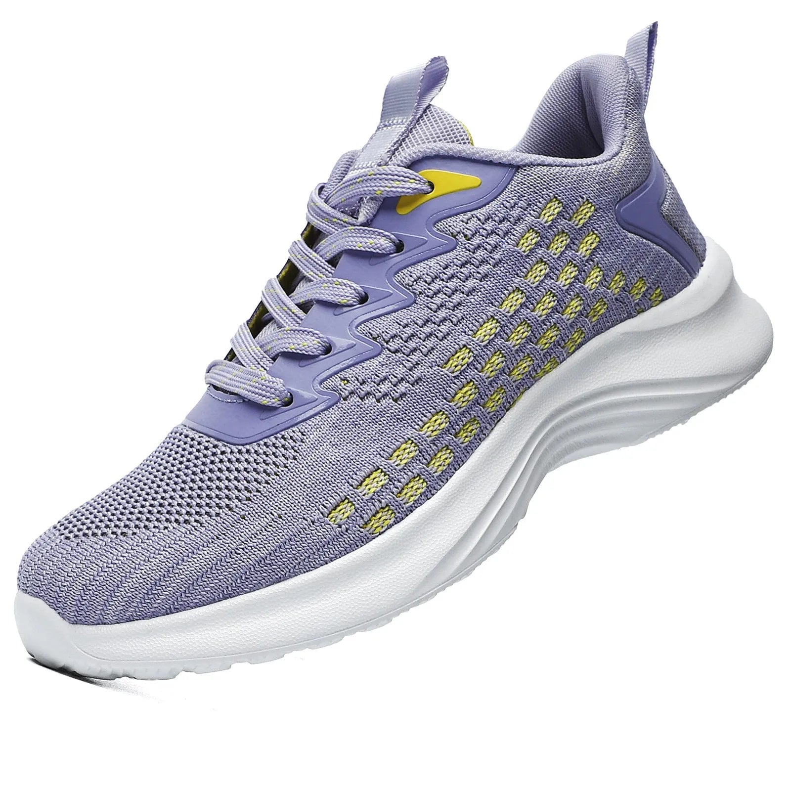 Women's lavender purple Flyknit running shoes with mesh upper and EVA sole on a white background.