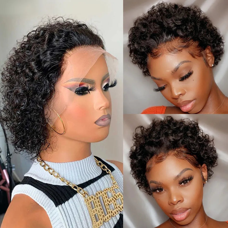Black human hair lace front wig with pre-plucked 13x1 hairline on a stand, showing natural style.