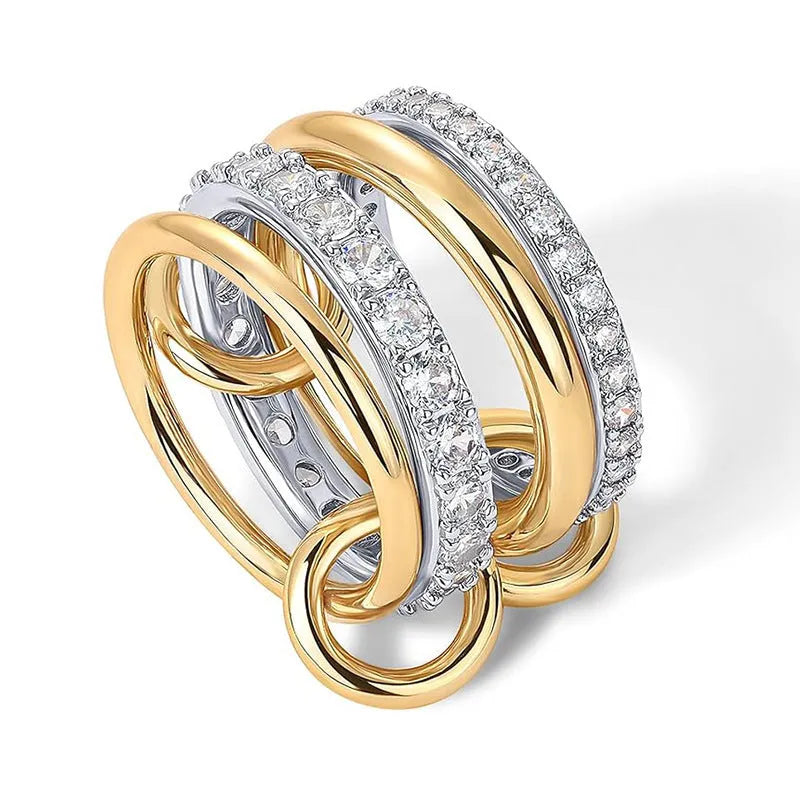 Multi-layer diamond ring in four-layer silver, handmade from copper and zirconia, sizes 5-11
