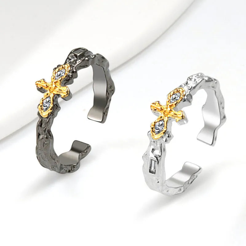 Geometric cross ring for women adjustable copper electroplated black gold and silver
