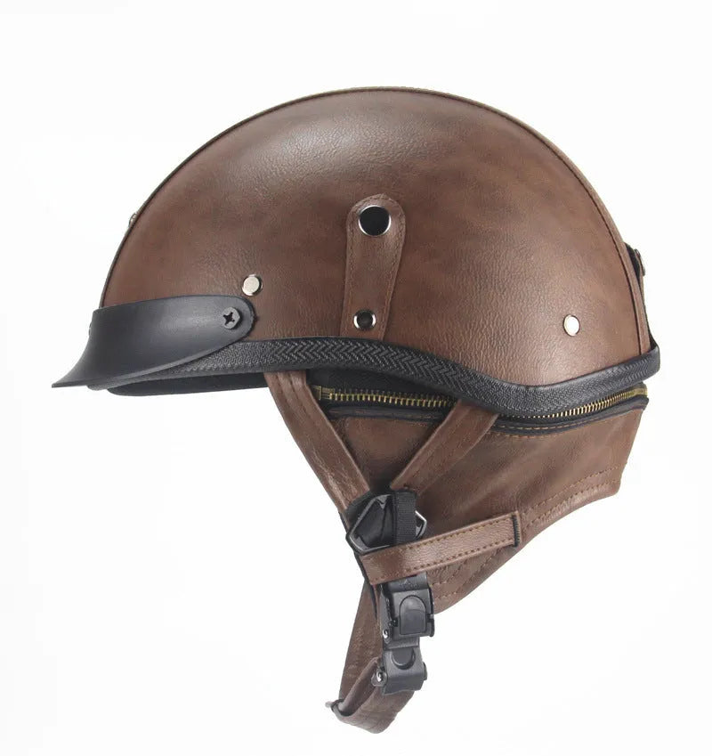 Retro handmade motorcycle helmet with half pedal design in black artificial leather