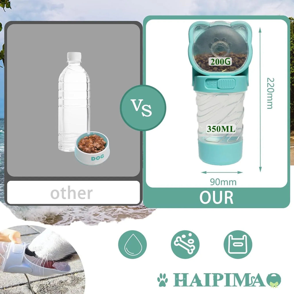 Green 3-in-1 portable pet water bottle with food container and waste bag dispenser held by hand.