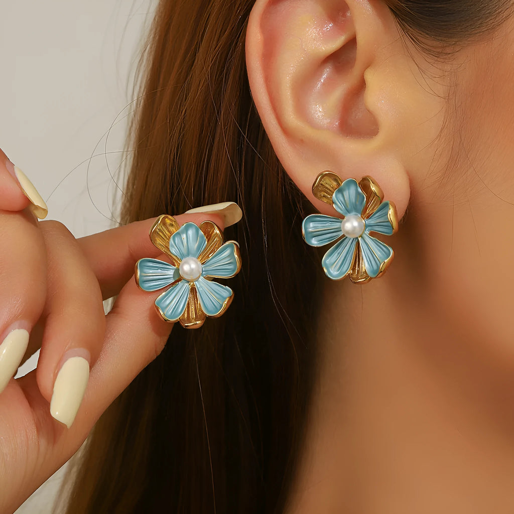 Flower pearl light luxury earrings for women in ER1297 colour with alloy build and electroplated finish