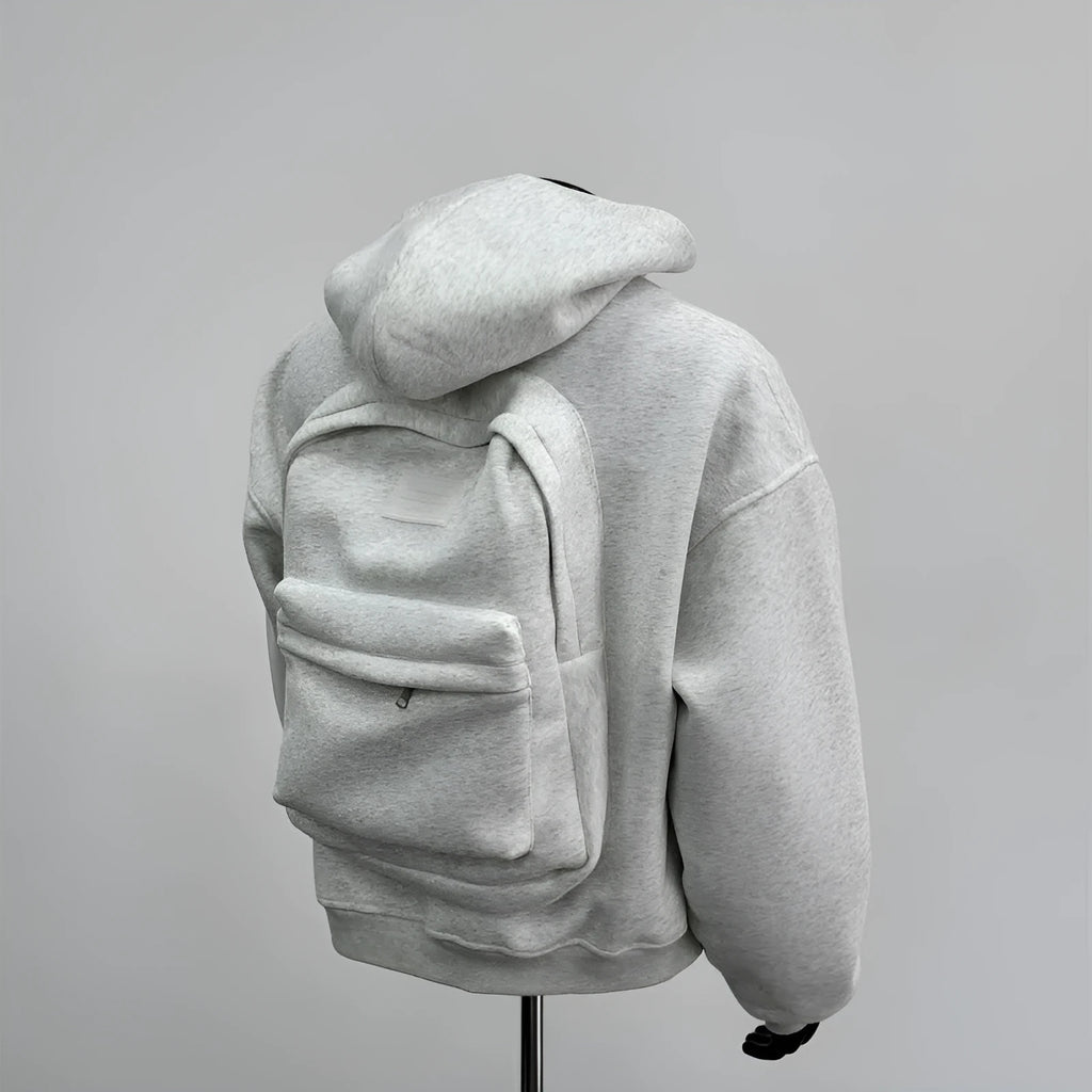 Light gray men's hooded coat with a layered back schoolbag design.