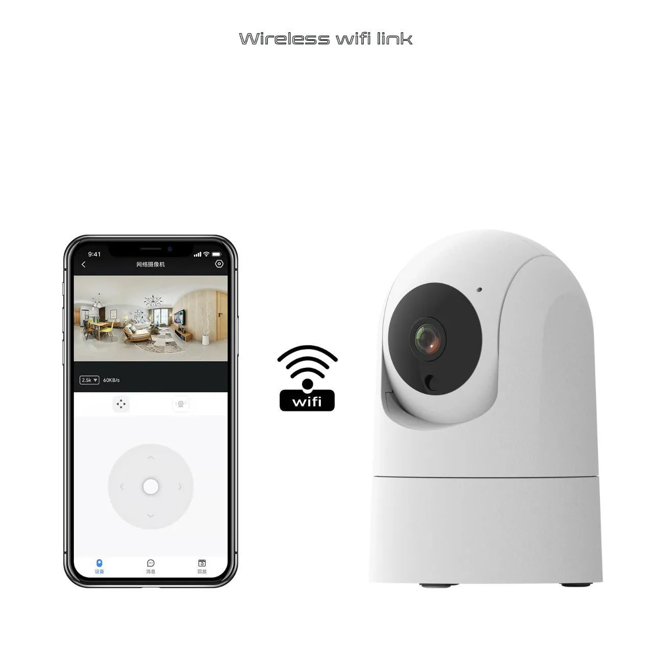 White indoor security camera with wide-angle lens on a shelf, showing companion app on a mobile phone.