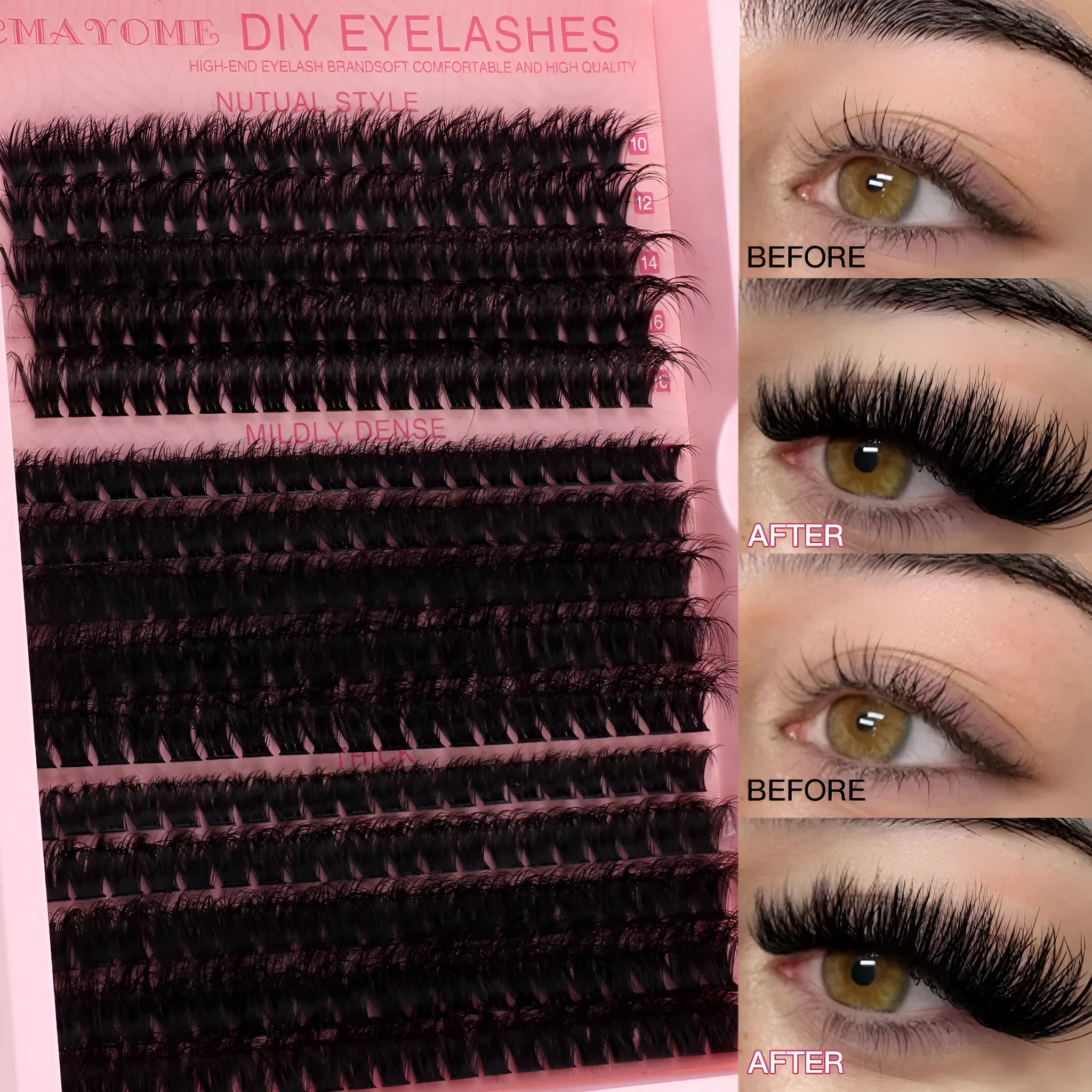 DIY false eyelashes extension kit showing segment cluster lashes and metal tweezers on a white background