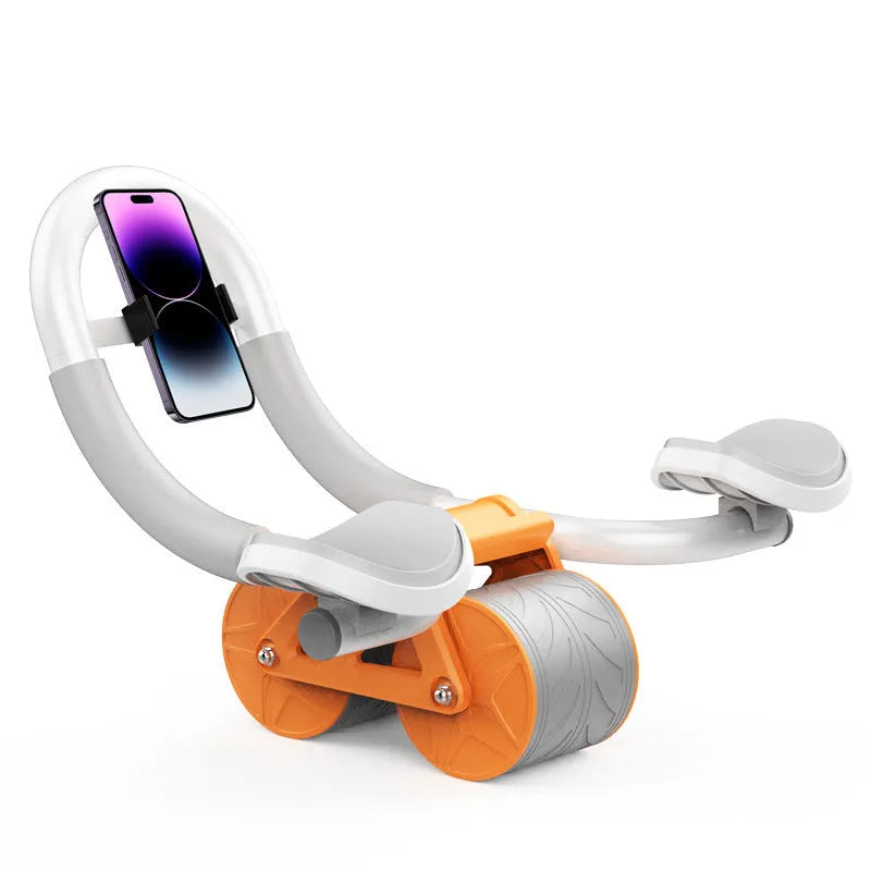 Orange abdominal wheel fitness equipment on a flat surface with rebound mechanism
