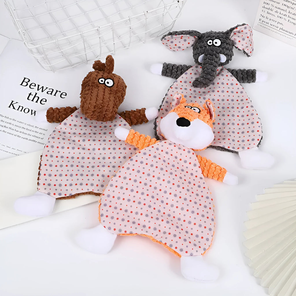 Brown biting-resistant velvet plush toy shaped like a fox for cats and dogs.