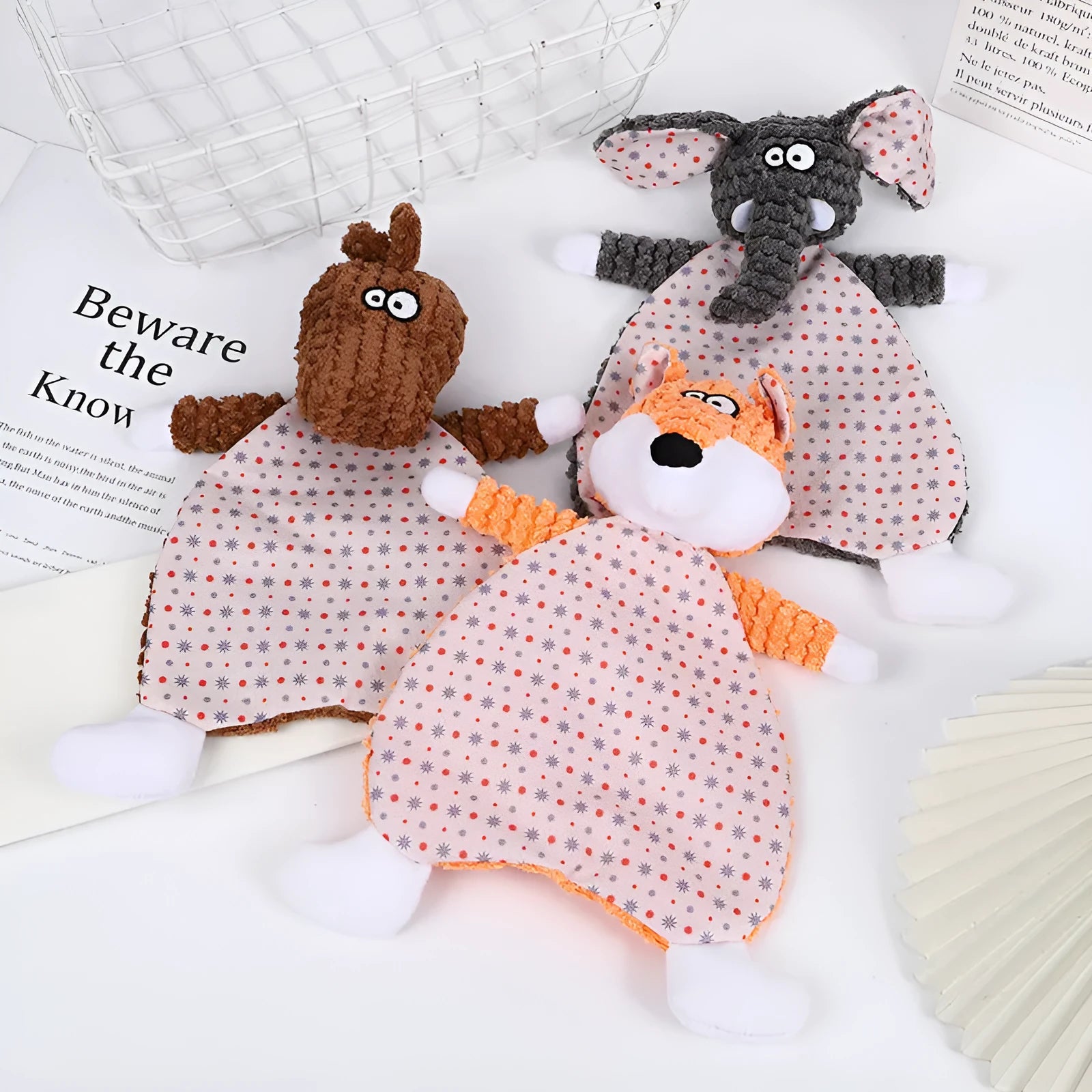 Brown biting-resistant velvet plush toy shaped like a fox for cats and dogs.